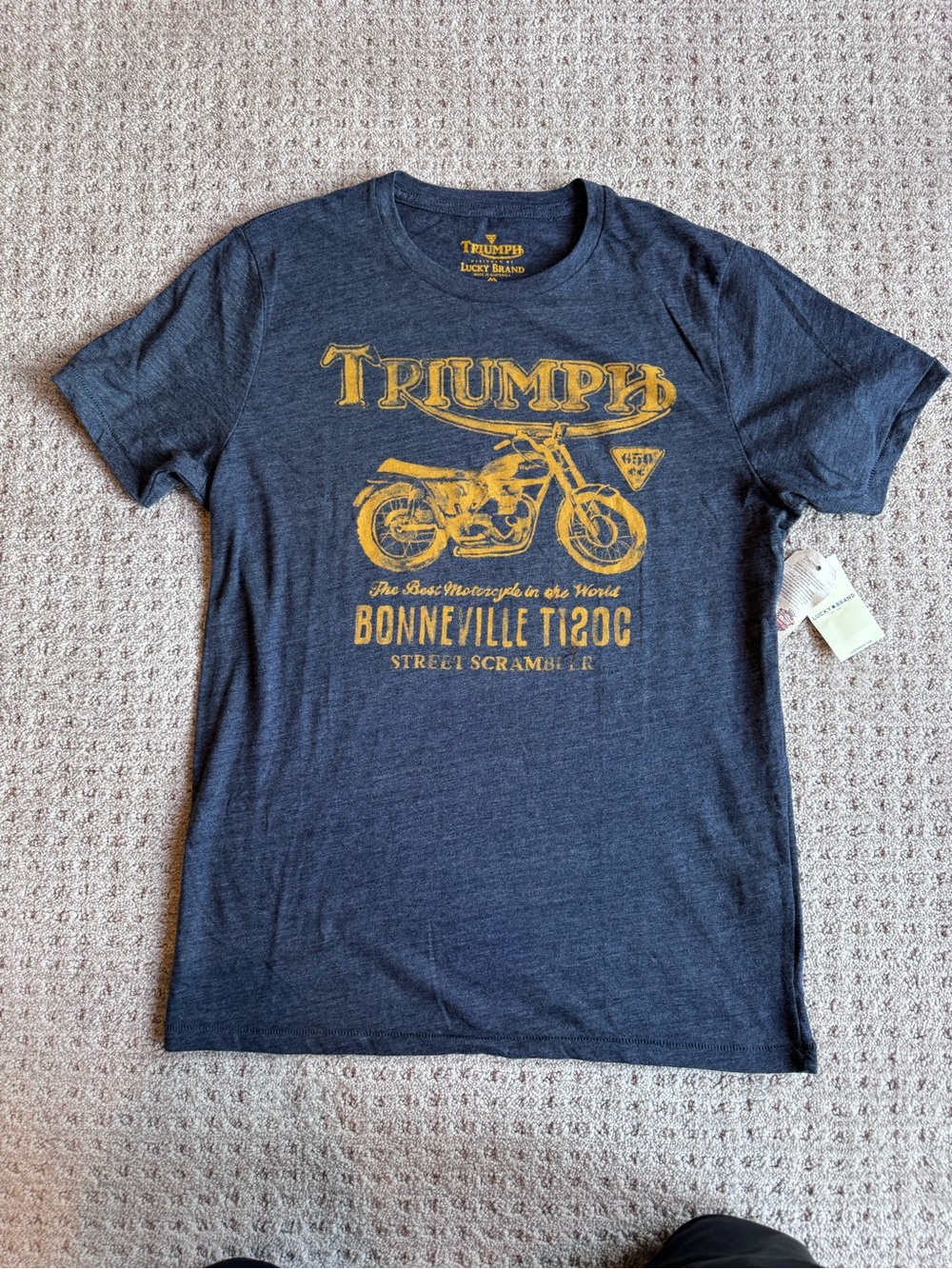 Triumph Heather Navy Tee with Yellow Motorcycle Print